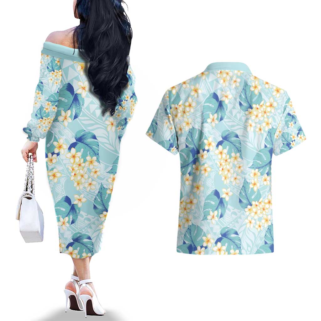 Pastel Cyan Tropical Hawaii Couples Matching Off The Shoulder Long Sleeve Dress and Hawaiian Shirt Seamless Monstera Plumeria Hawaiian Pattern - Polynesian Pride