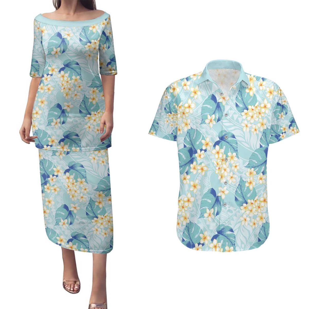 Pastel Cyan Tropical Hawaii Couples Matching Puletasi and Hawaiian Shirt Seamless Monstera Plumeria Hawaiian Pattern - Polynesian Pride
