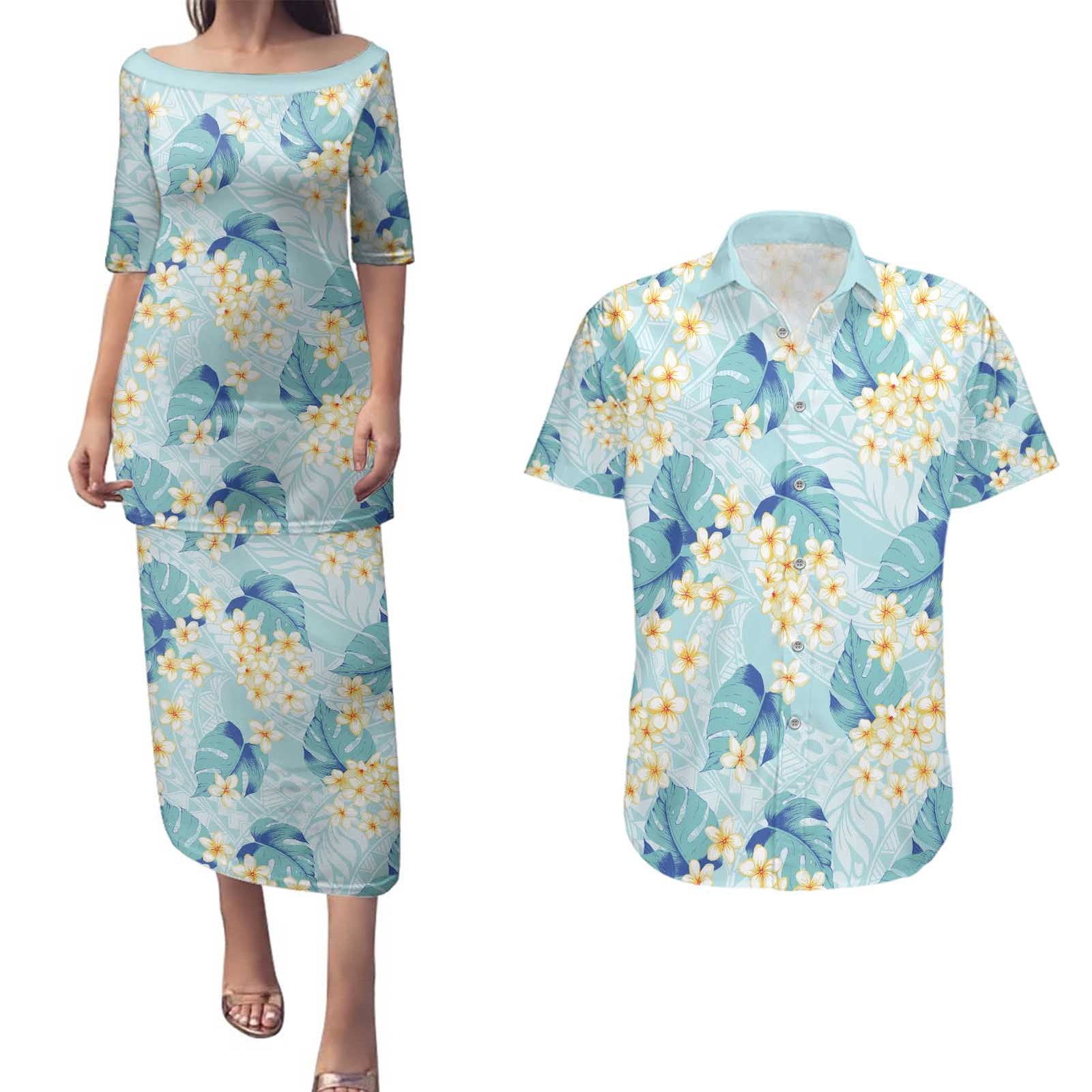 Pastel Cyan Tropical Hawaii Couples Matching Puletasi and Hawaiian Shirt Seamless Monstera Plumeria Hawaiian Pattern - Polynesian Pride