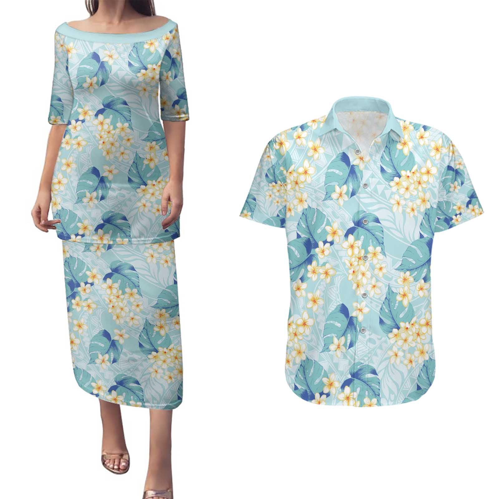 Pastel Cyan Tropical Hawaii Couples Matching Puletasi and Hawaiian Shirt Seamless Monstera Plumeria Hawaiian Pattern - Polynesian Pride
