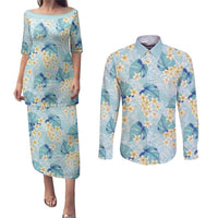 Pastel Cyan Tropical Hawaii Couples Matching Puletasi and Long Sleeve Button Shirt Seamless Monstera Plumeria Hawaiian Pattern - Polynesian Pride