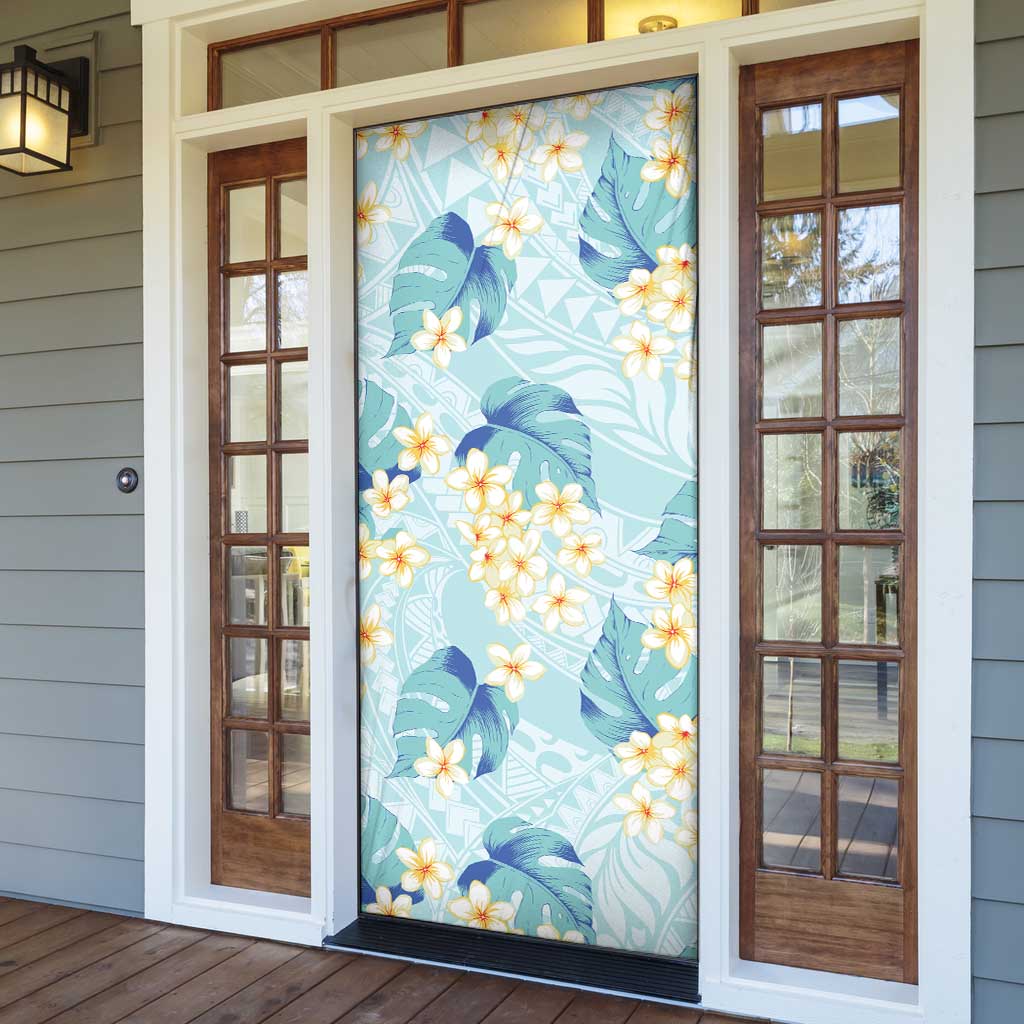 Pastel Cyan Tropical Hawaii Door Cover Seamless Monstera Plumeria Hawaiian Pattern - Polynesian Pride