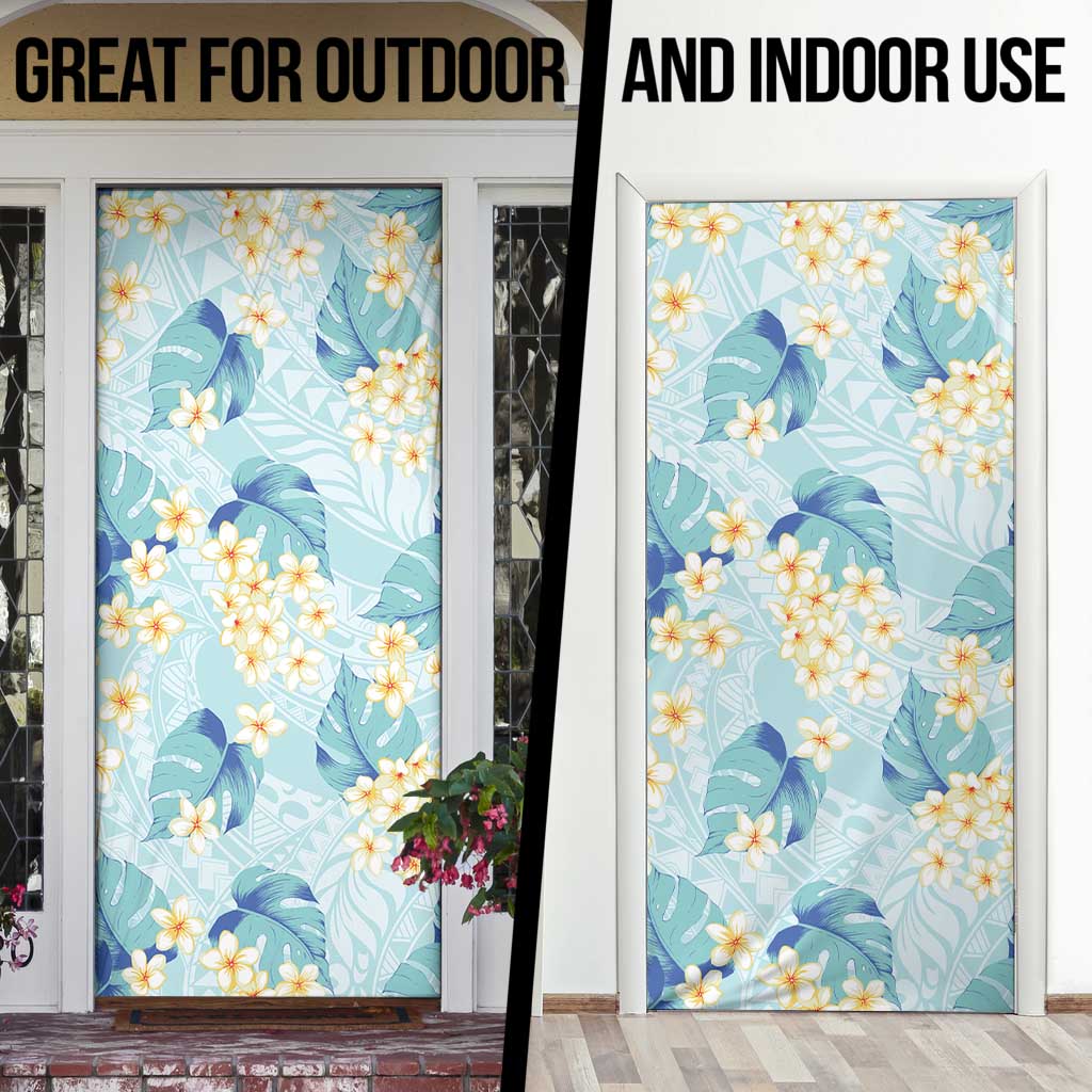 Pastel Cyan Tropical Hawaii Door Cover Seamless Monstera Plumeria Hawaiian Pattern - Polynesian Pride
