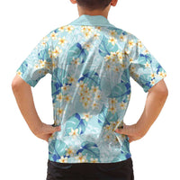 Pastel Cyan Tropical Hawaii Family Matching Long Sleeve Bodycon Dress and Hawaiian Shirt Seamless Monstera Plumeria Hawaiian Pattern - Polynesian Pride