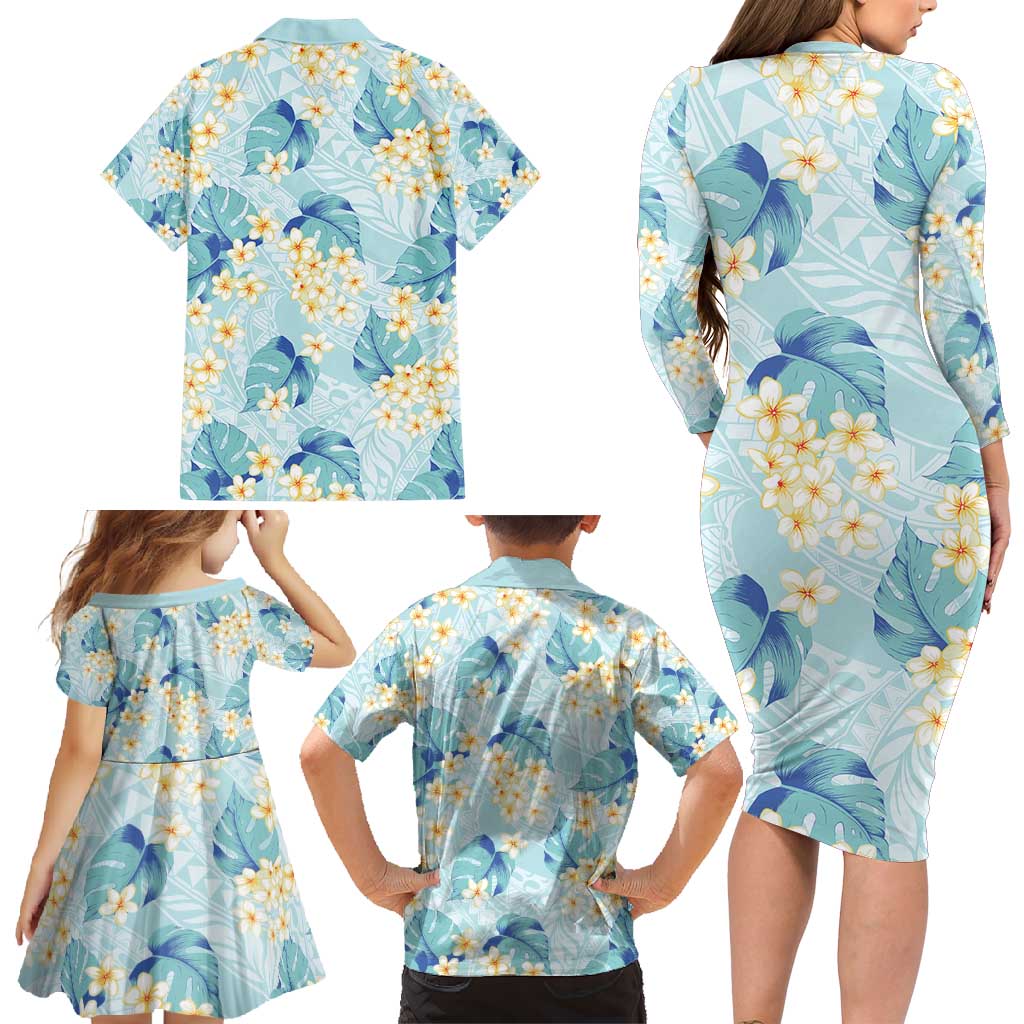 Pastel Cyan Tropical Hawaii Family Matching Long Sleeve Bodycon Dress and Hawaiian Shirt Seamless Monstera Plumeria Hawaiian Pattern - Polynesian Pride