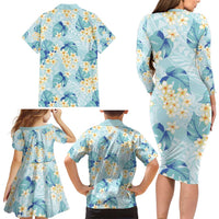 Pastel Cyan Tropical Hawaii Family Matching Long Sleeve Bodycon Dress and Hawaiian Shirt Seamless Monstera Plumeria Hawaiian Pattern - Polynesian Pride