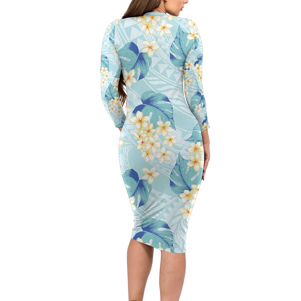 Pastel Cyan Tropical Hawaii Family Matching Long Sleeve Bodycon Dress and Hawaiian Shirt Seamless Monstera Plumeria Hawaiian Pattern - Polynesian Pride