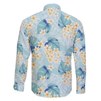 Pastel Cyan Tropical Hawaii Family Matching Off The Shoulder Long Sleeve Dress and Hawaiian Shirt Seamless Monstera Plumeria Hawaiian Pattern - Polynesian Pride