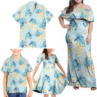 Pastel Cyan Tropical Hawaii Family Matching Off Shoulder Maxi Dress and Hawaiian Shirt Seamless Monstera Plumeria Hawaiian Pattern - Polynesian Pride