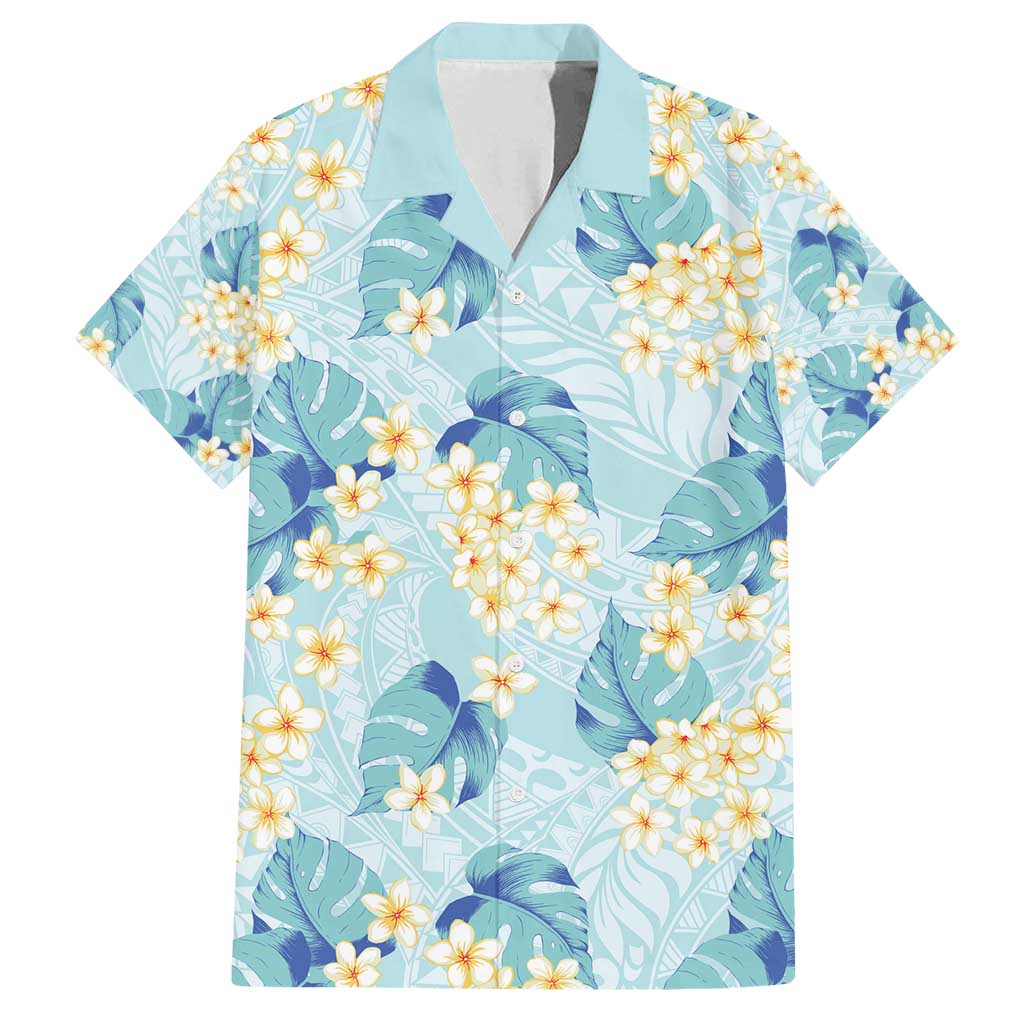 Pastel Cyan Tropical Hawaii Family Matching Off Shoulder Short Dress and Hawaiian Shirt Seamless Monstera Plumeria Hawaiian Pattern - Polynesian Pride
