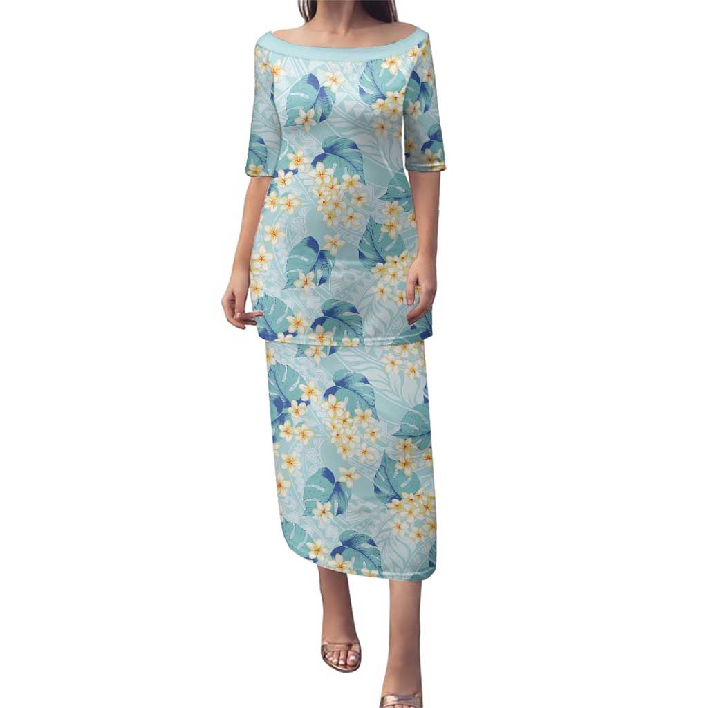 Pastel Cyan Tropical Hawaii Family Matching Puletasi and Hawaiian Shirt Seamless Monstera Plumeria Hawaiian Pattern - Polynesian Pride