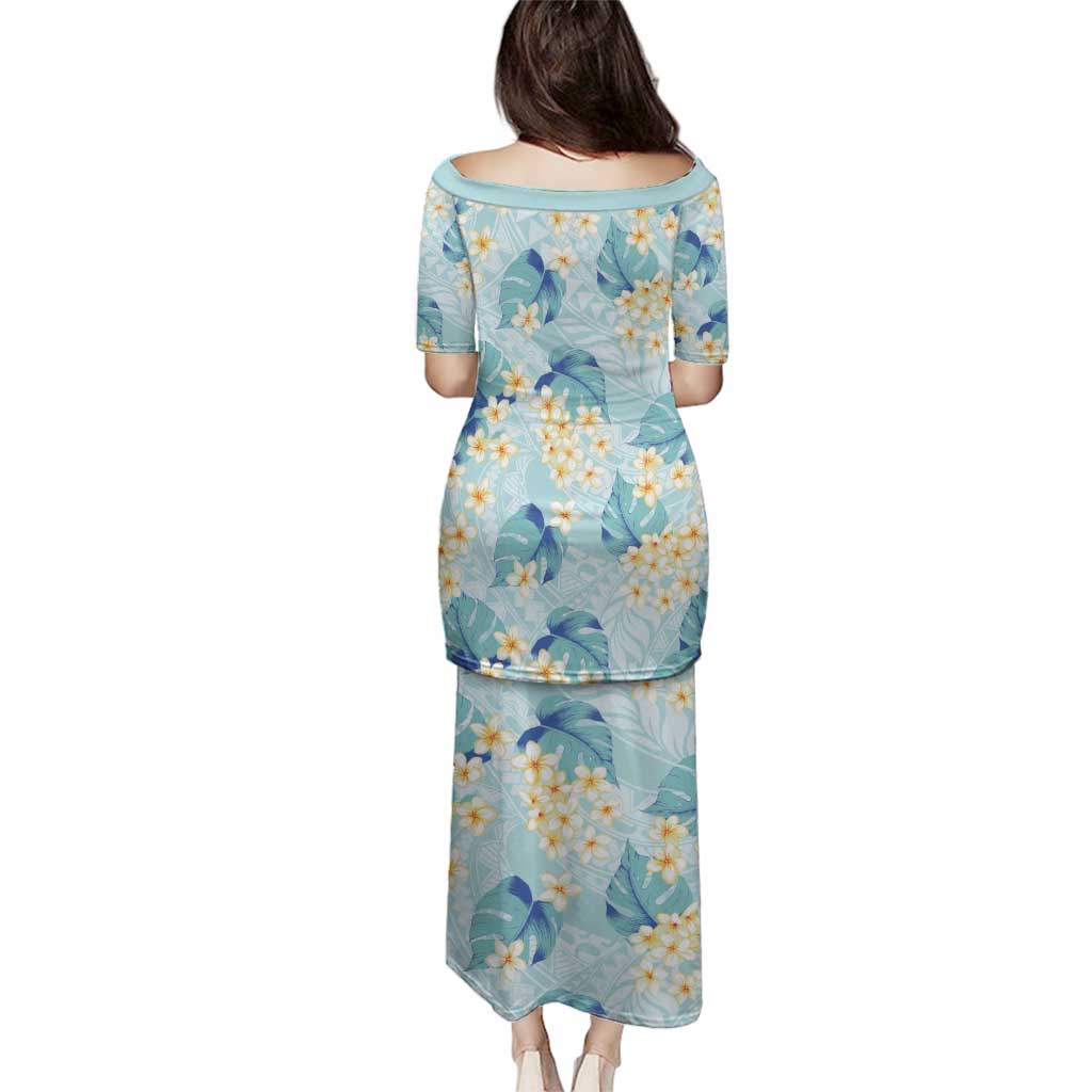 Pastel Cyan Tropical Hawaii Family Matching Puletasi and Hawaiian Shirt Seamless Monstera Plumeria Hawaiian Pattern - Polynesian Pride