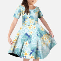 Pastel Cyan Tropical Hawaii Family Matching Short Sleeve Bodycon Dress and Hawaiian Shirt Seamless Monstera Plumeria Hawaiian Pattern - Polynesian Pride