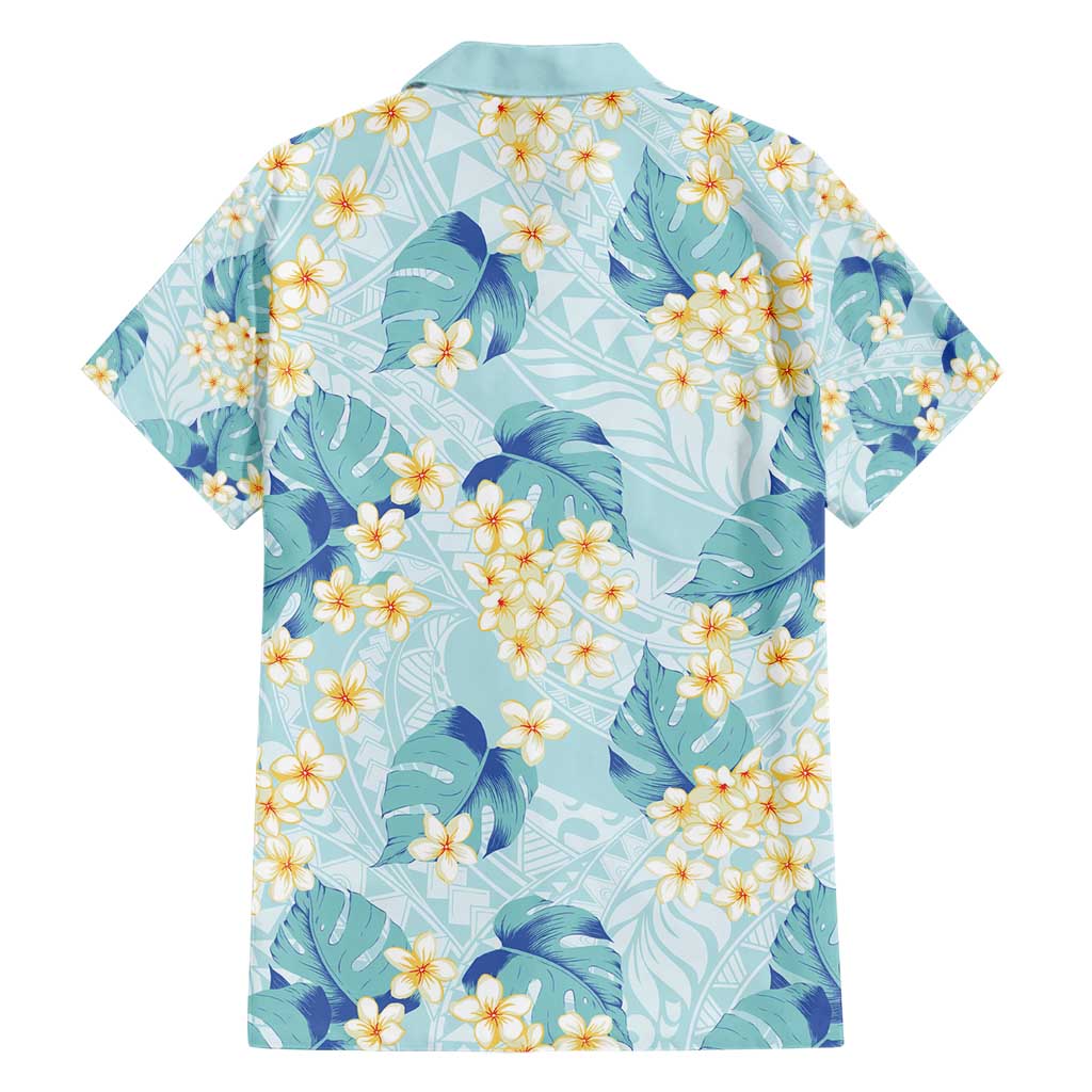 Pastel Cyan Tropical Hawaii Family Matching Short Sleeve Bodycon Dress and Hawaiian Shirt Seamless Monstera Plumeria Hawaiian Pattern - Polynesian Pride