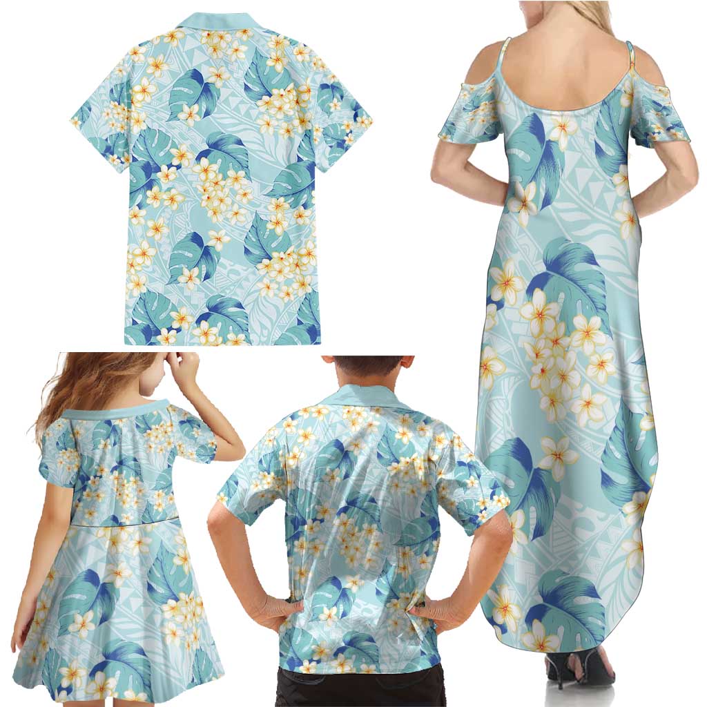 Pastel Cyan Tropical Hawaii Family Matching Summer Maxi Dress and Hawaiian Shirt Seamless Monstera Plumeria Hawaiian Pattern - Polynesian Pride