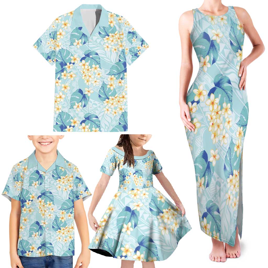 Pastel Cyan Tropical Hawaii Family Matching Tank Maxi Dress and Hawaiian Shirt Seamless Monstera Plumeria Hawaiian Pattern - Polynesian Pride