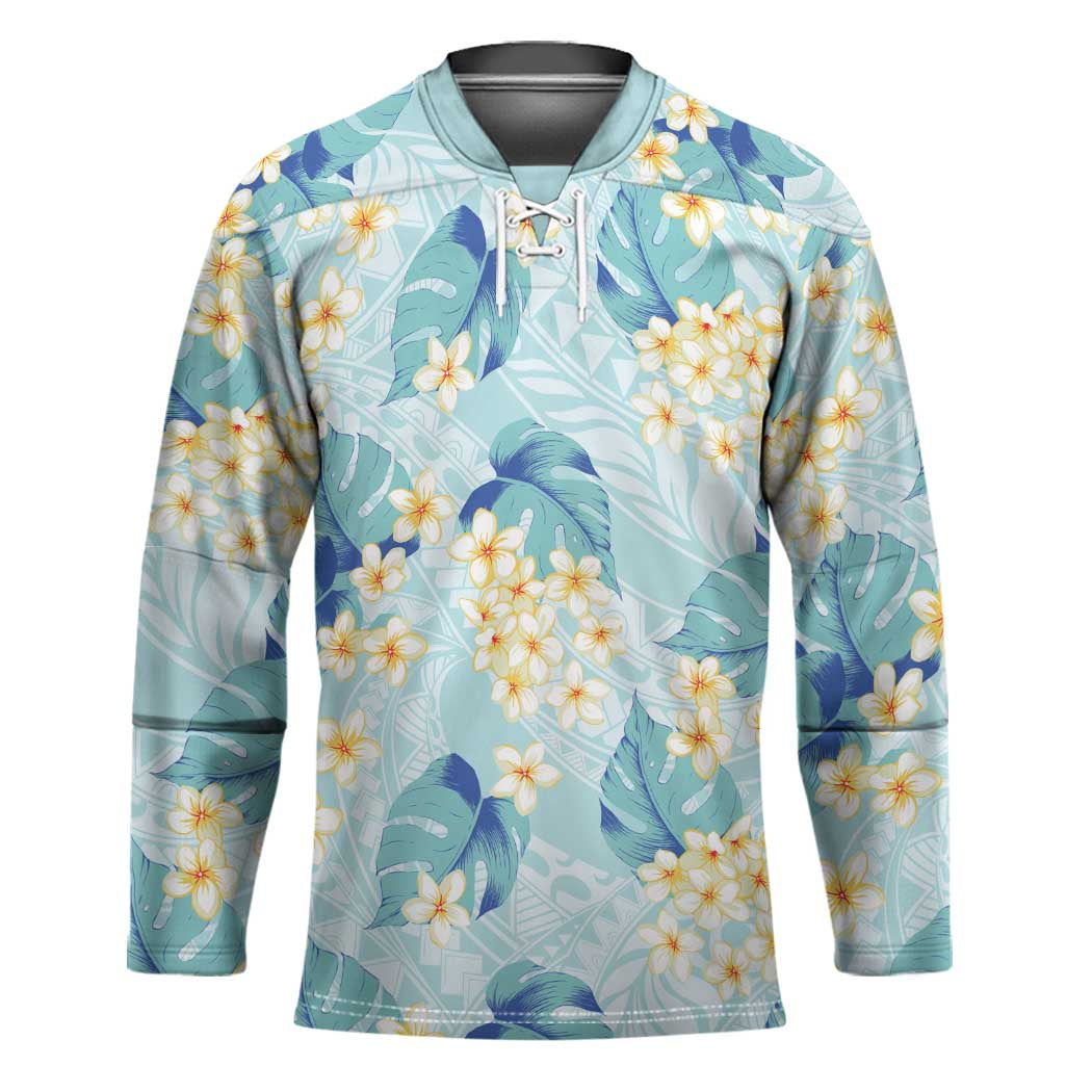 Pastel Cyan Tropical Hawaii Hockey Jersey Seamless Monstera Plumeria Hawaiian Pattern - Polynesian Pride