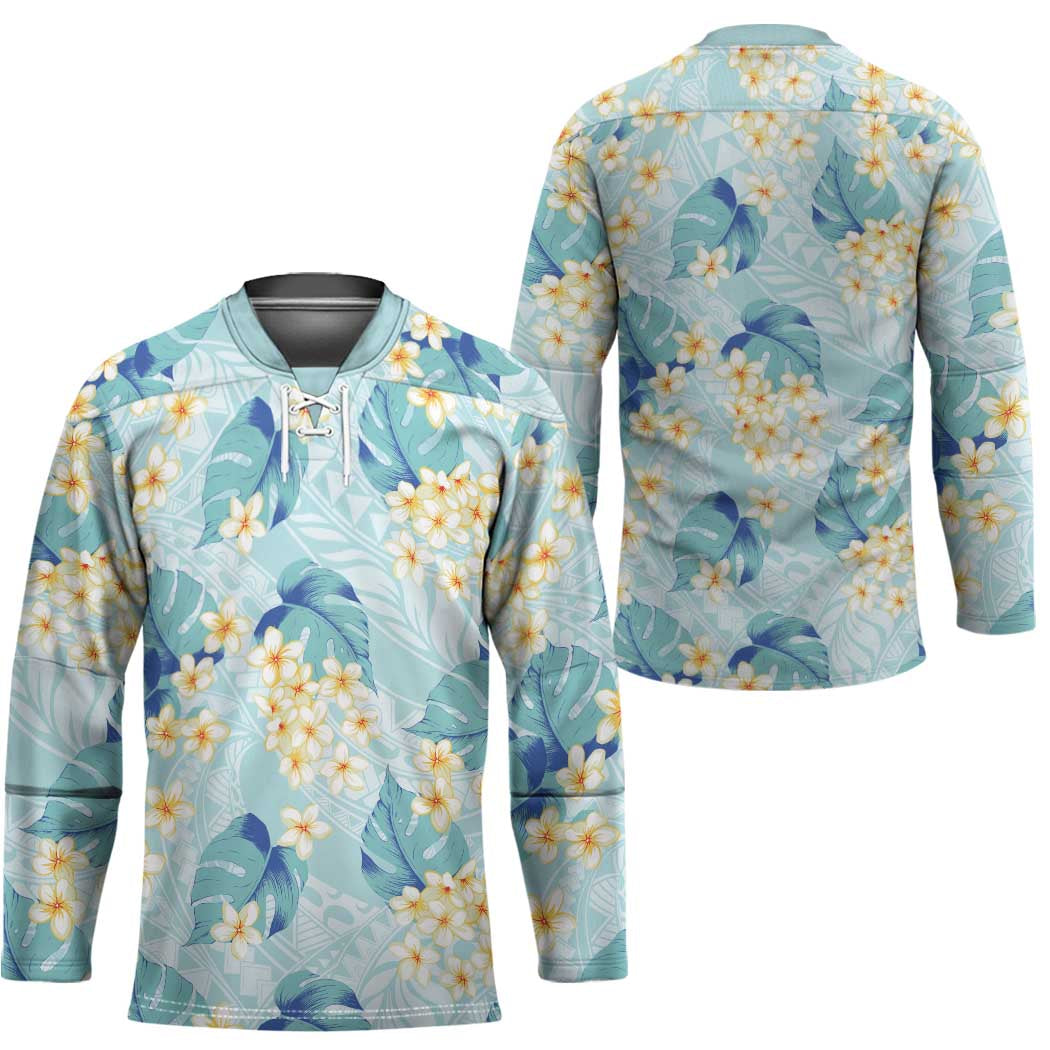 Pastel Cyan Tropical Hawaii Hockey Jersey Seamless Monstera Plumeria Hawaiian Pattern - Polynesian Pride