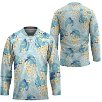 Pastel Cyan Tropical Hawaii Hockey Jersey Seamless Monstera Plumeria Hawaiian Pattern - Polynesian Pride