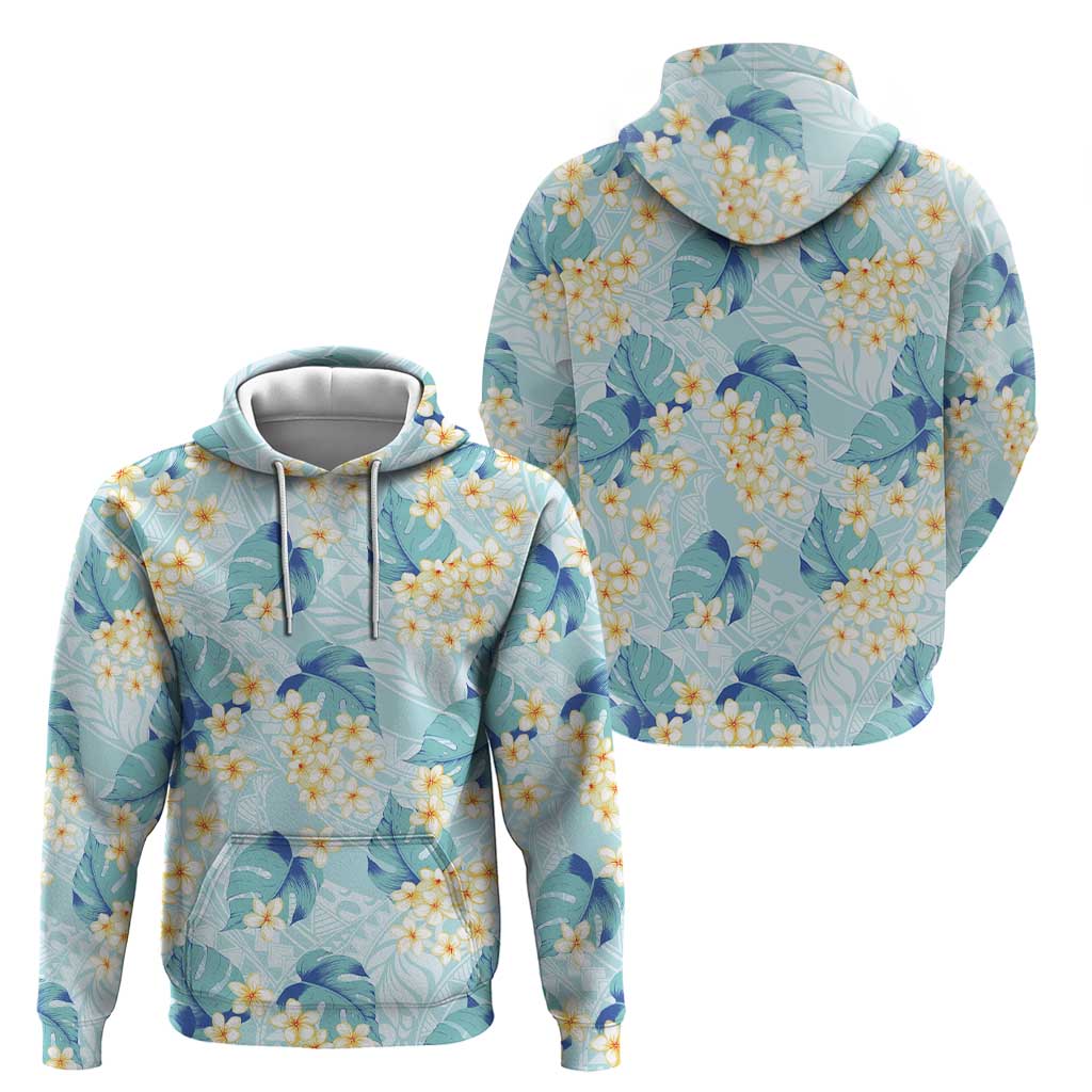 Pastel Cyan Tropical Hawaii Hoodie Seamless Monstera Plumeria Hawaiian Pattern - Polynesian Pride