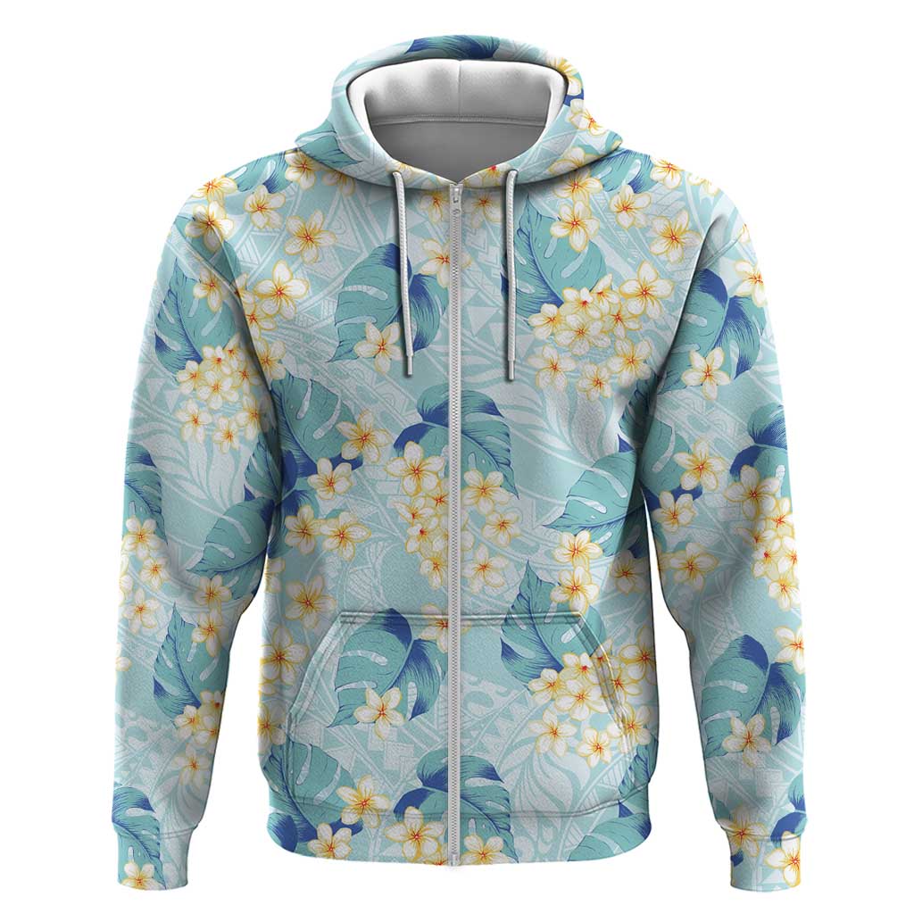 Pastel Cyan Tropical Hawaii Hoodie Seamless Monstera Plumeria Hawaiian Pattern - Polynesian Pride