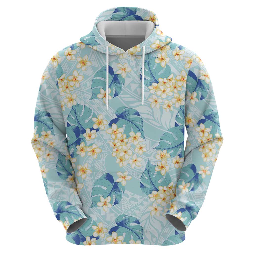 Pastel Cyan Tropical Hawaii Hoodie Seamless Monstera Plumeria Hawaiian Pattern - Polynesian Pride