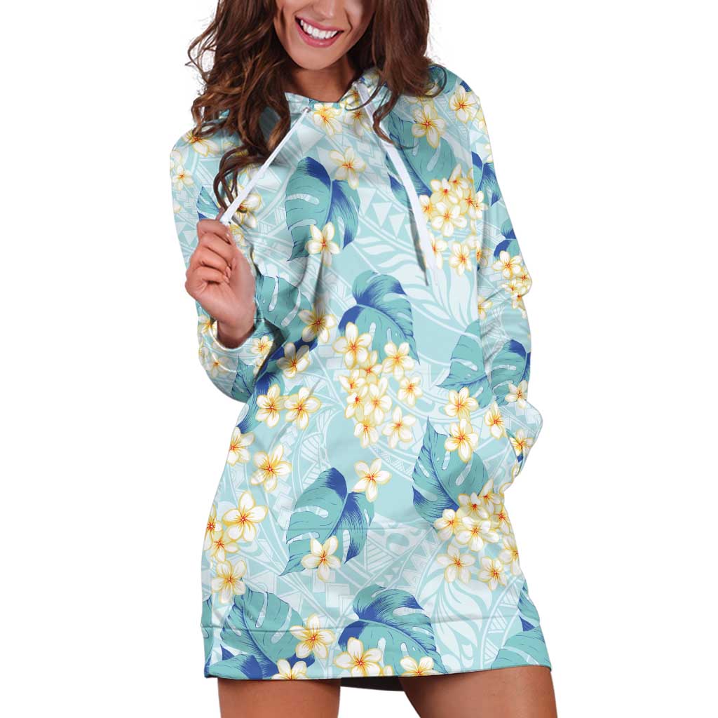 Pastel Cyan Tropical Hawaii Hoodie Dress Seamless Monstera Plumeria Hawaiian Pattern - Polynesian Pride