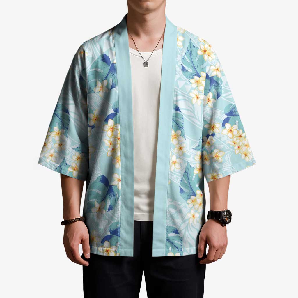 Pastel Cyan Tropical Hawaii Kimono Seamless Monstera Plumeria Hawaiian Pattern - Polynesian Pride