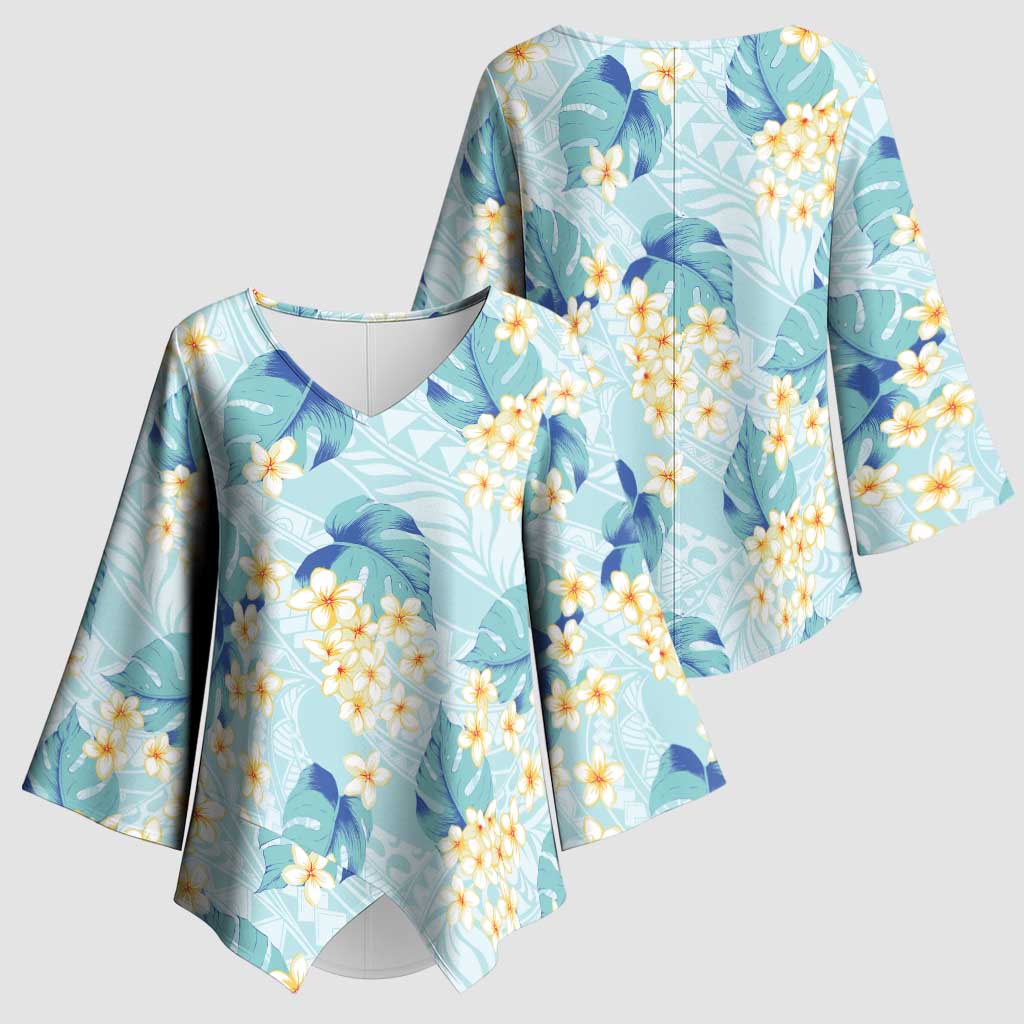 Pastel Cyan Tropical Hawaii Kimono Sleeve Blouse Seamless Monstera Plumeria Hawaiian Pattern - Polynesian Pride