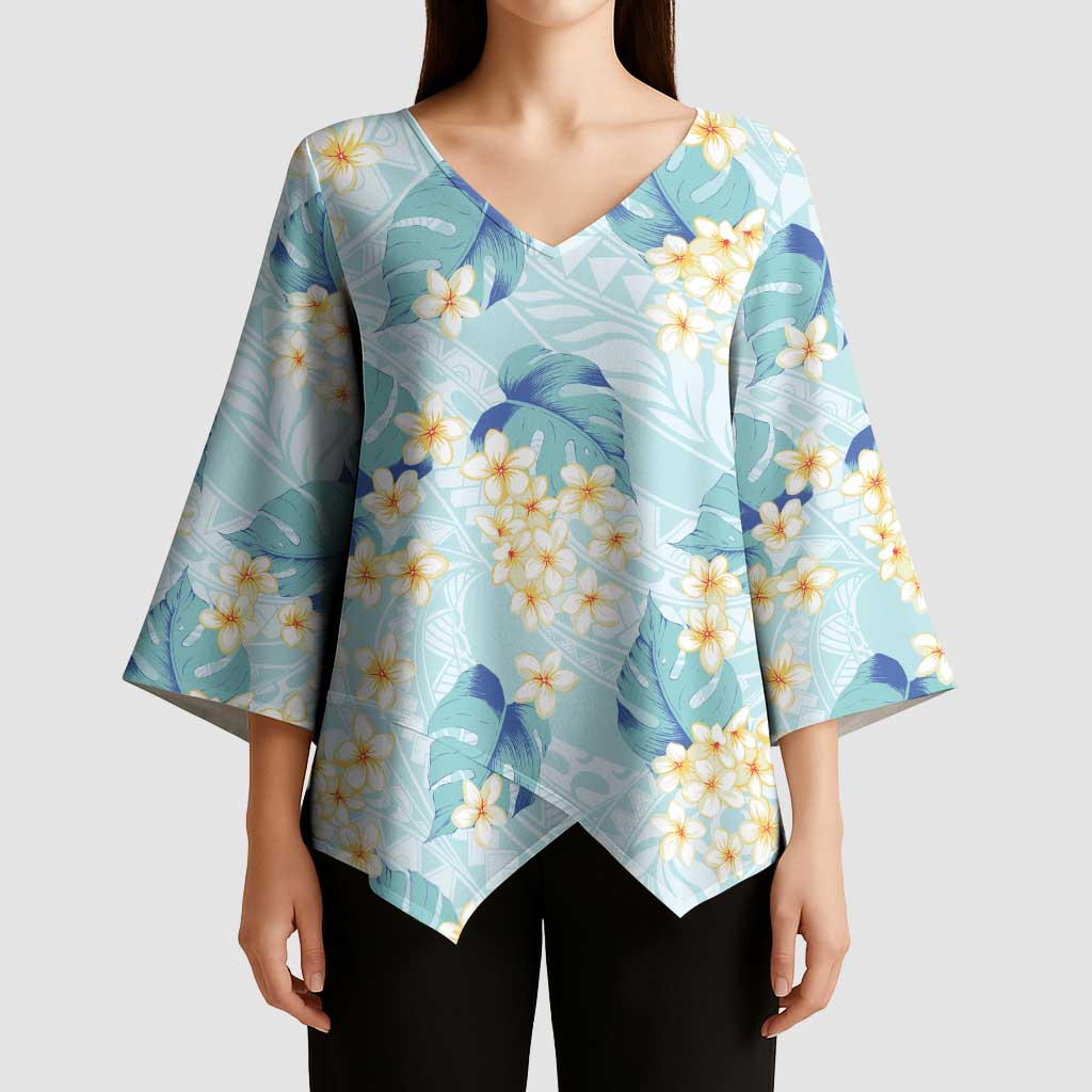 Pastel Cyan Tropical Hawaii Kimono Sleeve Blouse Seamless Monstera Plumeria Hawaiian Pattern - Polynesian Pride