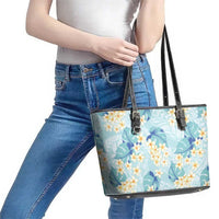 Pastel Cyan Tropical Hawaii Leather Tote Bag Seamless Monstera Plumeria Hawaiian Pattern - Polynesian Pride