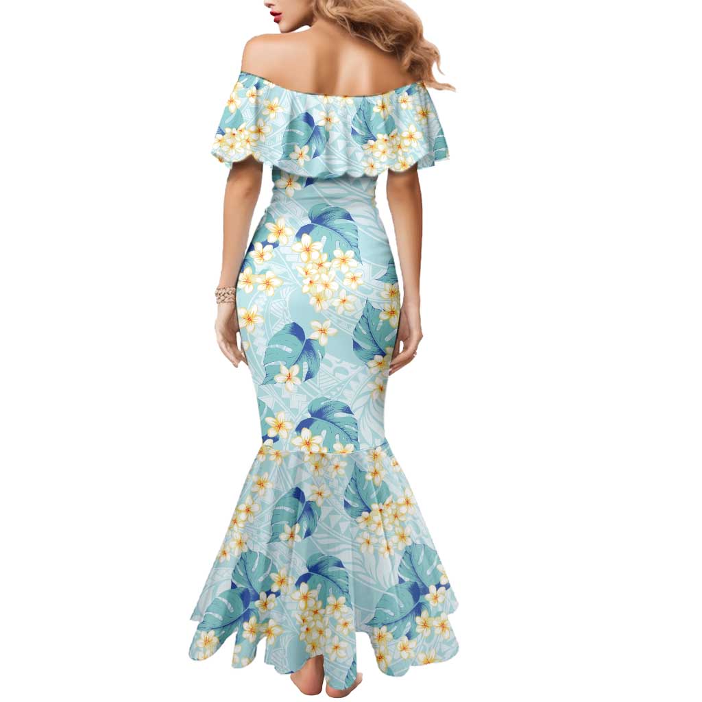 Pastel Cyan Tropical Hawaii Mermaid Dress Seamless Monstera Plumeria Hawaiian Pattern - Polynesian Pride