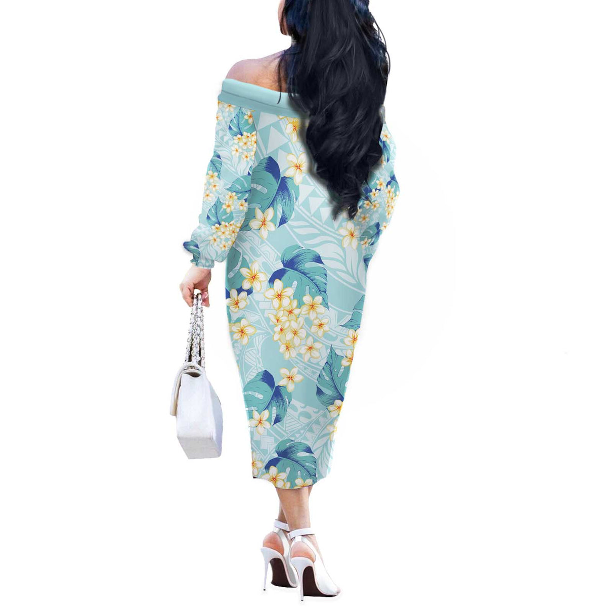 Pastel Cyan Tropical Hawaii Off The Shoulder Long Sleeve Dress Seamless Monstera Plumeria Hawaiian Pattern - Polynesian Pride