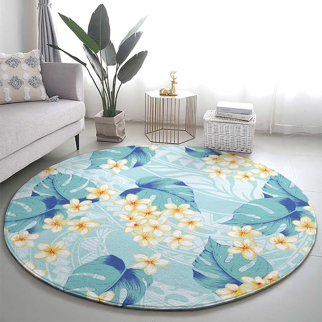 Pastel Cyan Tropical Hawaii Round Carpet Seamless Monstera Plumeria Hawaiian Pattern - Polynesian Pride