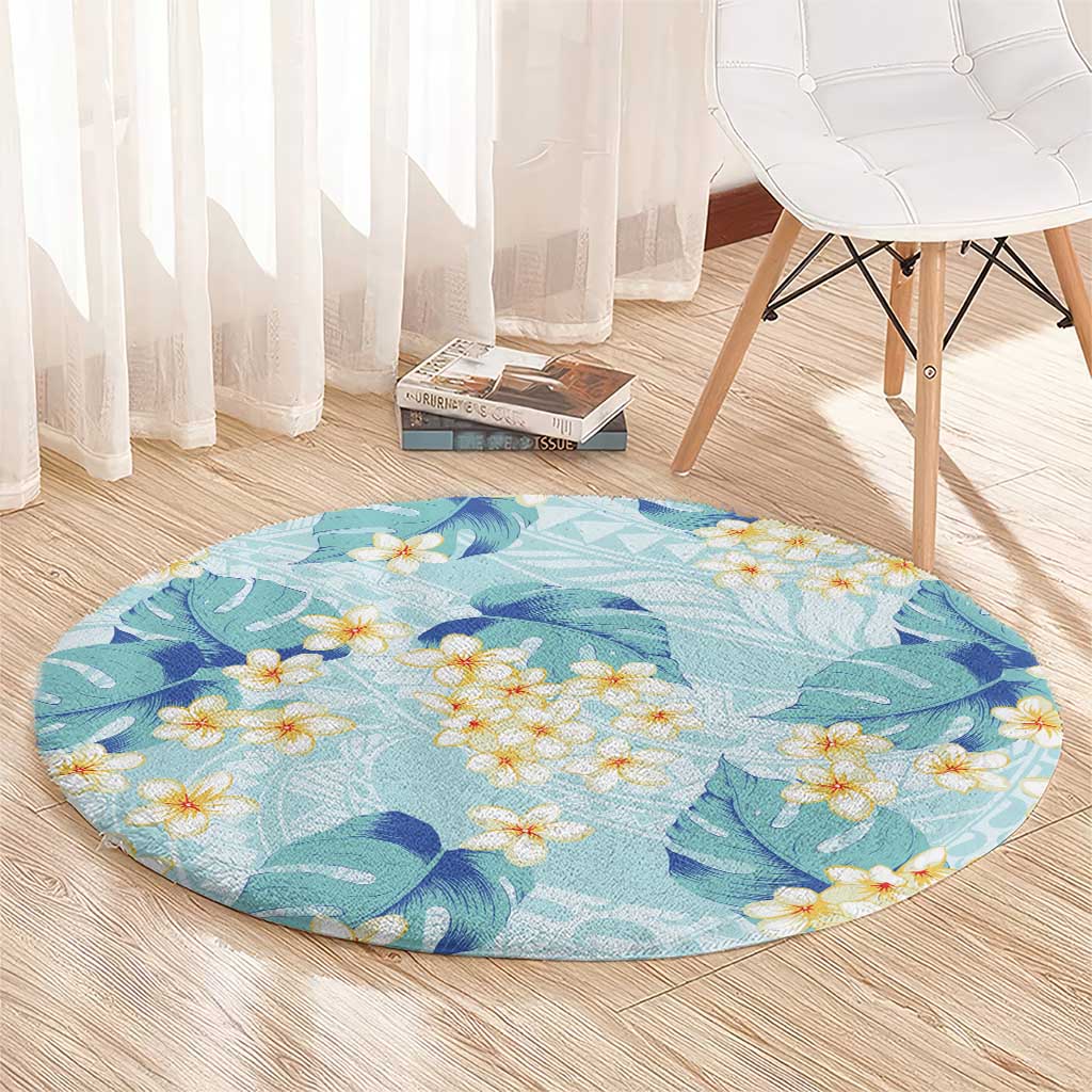 Pastel Cyan Tropical Hawaii Round Carpet Seamless Monstera Plumeria Hawaiian Pattern - Polynesian Pride