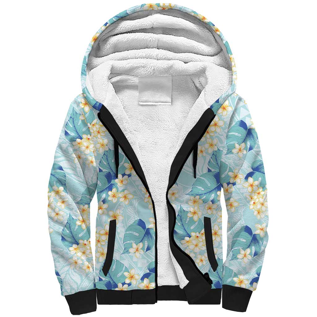 Pastel Cyan Tropical Hawaii Sherpa Hoodie Seamless Monstera Plumeria Hawaiian Pattern - Polynesian Pride
