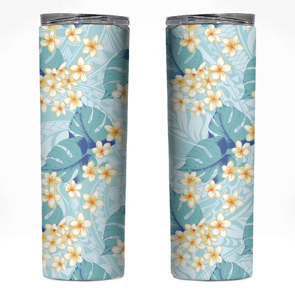 Pastel Cyan Tropical Hawaii Skinny Tumbler Seamless Monstera Plumeria Hawaiian Pattern - Polynesian Pride