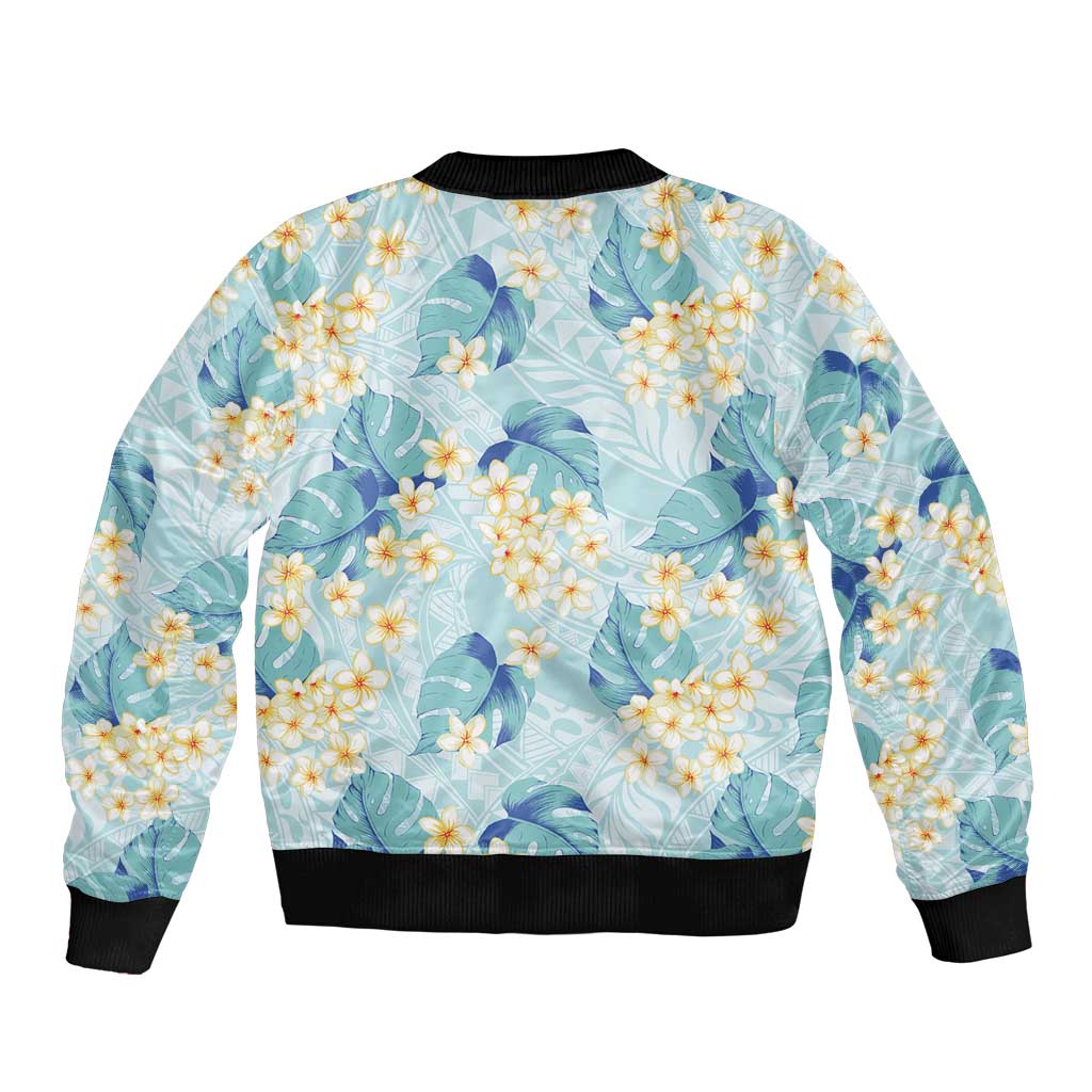 Pastel Cyan Tropical Hawaii Sleeve Zip Bomber Jacket Seamless Monstera Plumeria Hawaiian Pattern - Polynesian Pride