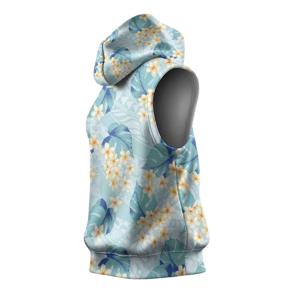 Pastel Cyan Tropical Hawaii Sleeveless Hoodie Seamless Monstera Plumeria Hawaiian Pattern LT14 - Polynesian Pride