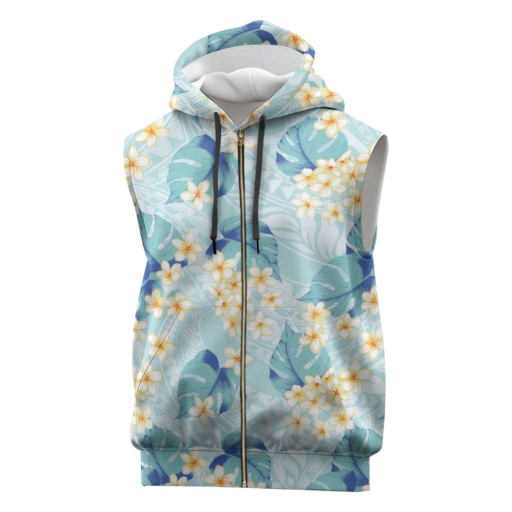 Pastel Cyan Tropical Hawaii Sleeveless Zip Hoodie Seamless Monstera Plumeria Hawaiian Pattern - Polynesian Pride