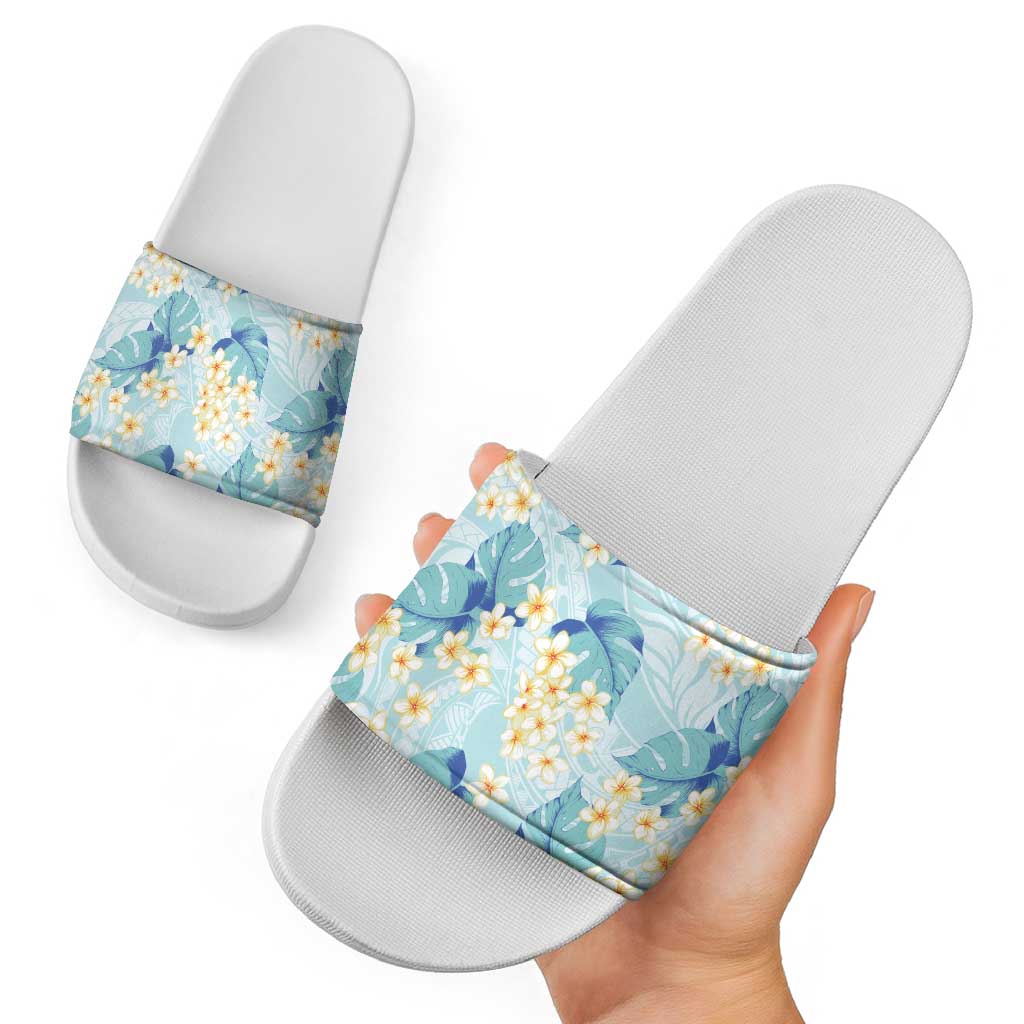 Pastel Cyan Tropical Hawaii Slide Sandals Seamless Monstera Plumeria Hawaiian Pattern - Polynesian Pride