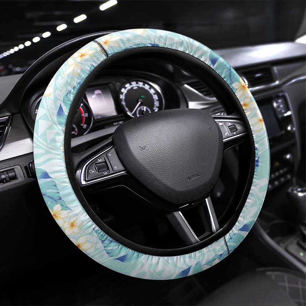 Pastel Cyan Tropical Hawaii Steering Wheel Cover Seamless Monstera Plumeria Hawaiian Pattern - Polynesian Pride
