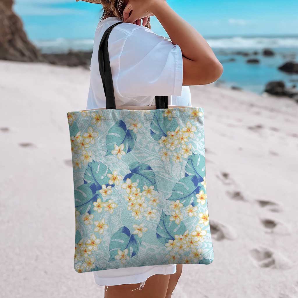 Pastel Cyan Tropical Hawaii Tote Bag Seamless Monstera Plumeria Hawaiian Pattern - Polynesian Pride