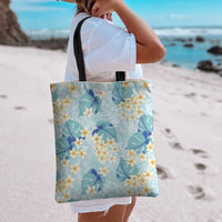 Pastel Cyan Tropical Hawaii Tote Bag Seamless Monstera Plumeria Hawaiian Pattern - Polynesian Pride