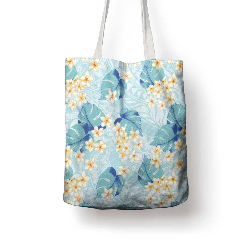 Pastel Cyan Tropical Hawaii Tote Bag Seamless Monstera Plumeria Hawaiian Pattern - Polynesian Pride