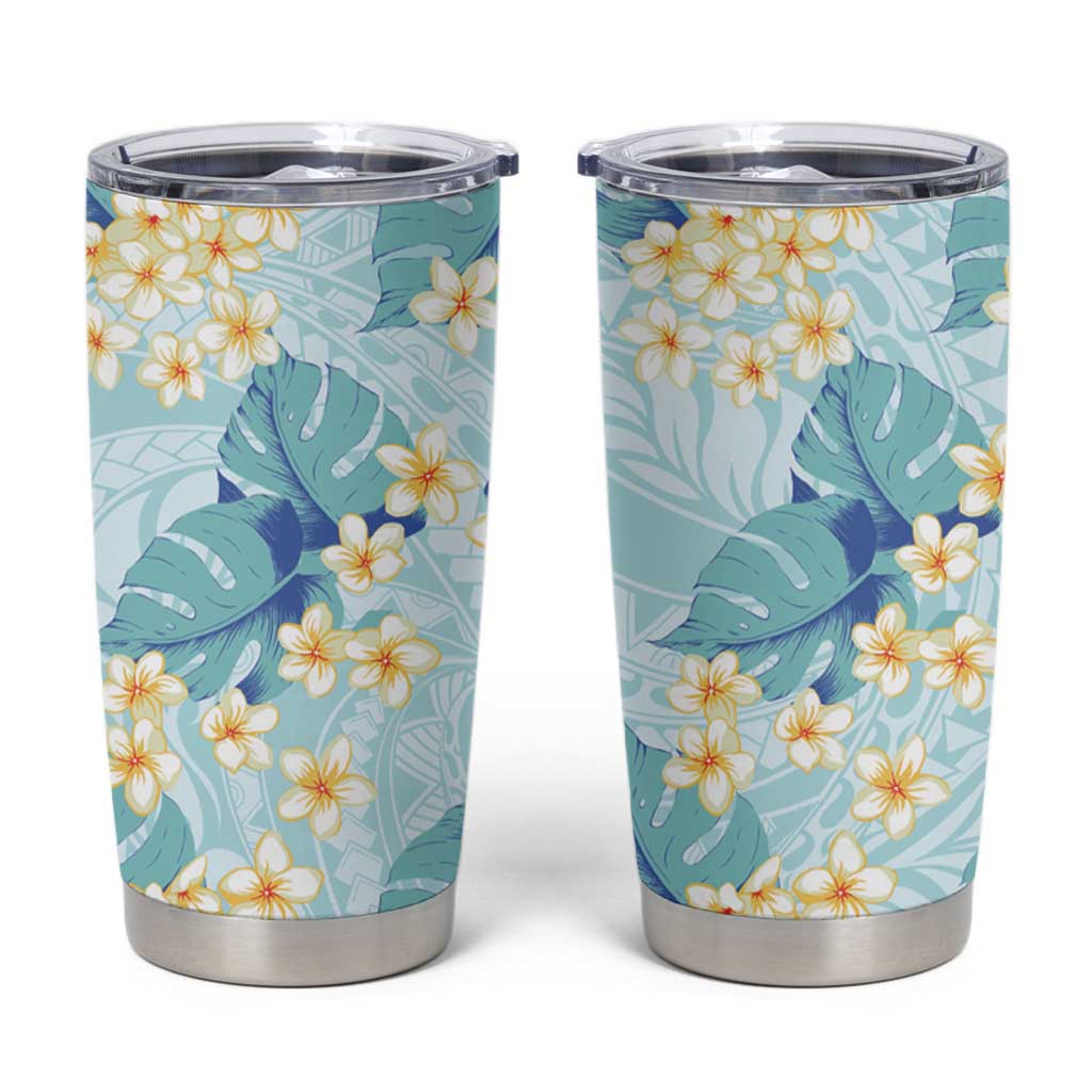 Pastel Cyan Tropical Hawaii Tumbler Cup Seamless Monstera Plumeria Hawaiian Pattern - Polynesian Pride