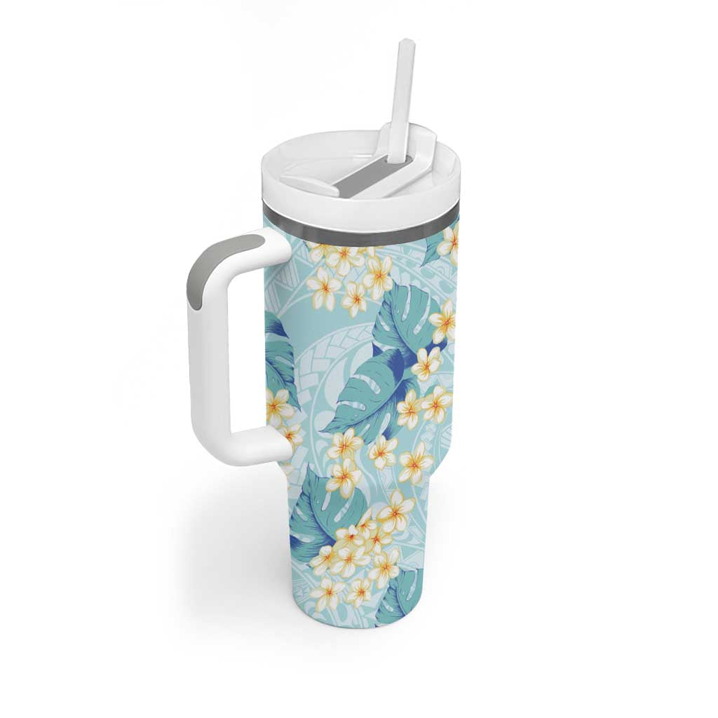 Pastel Cyan Tropical Hawaii Tumbler With Handle Seamless Monstera Plumeria Hawaiian Pattern - Polynesian Pride