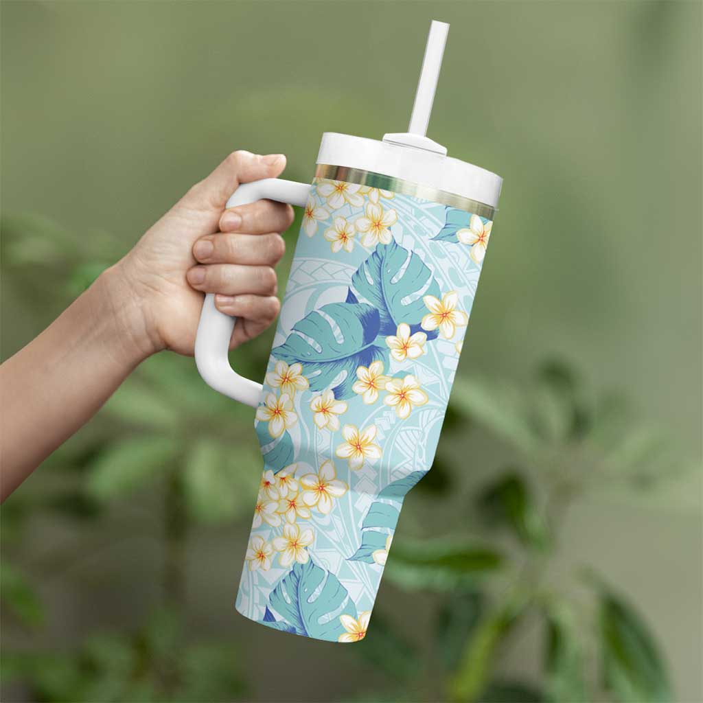 Pastel Cyan Tropical Hawaii Tumbler With Handle Seamless Monstera Plumeria Hawaiian Pattern - Polynesian Pride