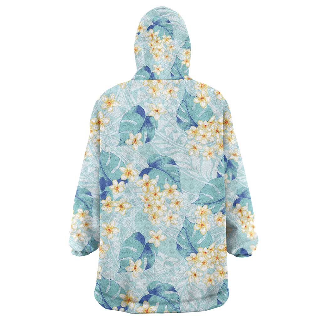 Pastel Cyan Tropical Hawaii Wearable Blanket Hoodie Seamless Monstera Plumeria Hawaiian Pattern - Polynesian Pride