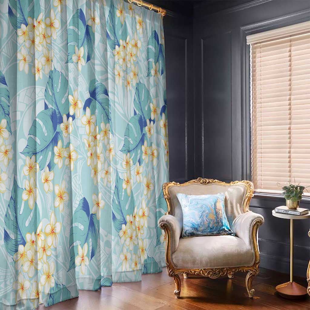 Pastel Cyan Tropical Hawaii Window Curtain Seamless Monstera Plumeria Hawaiian Pattern - Polynesian Pride